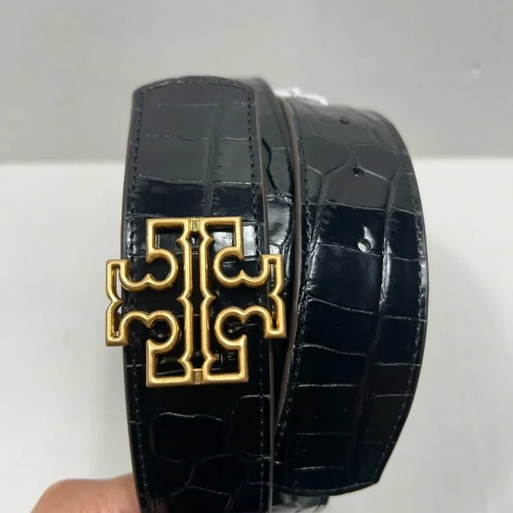 Tory Burch 1.5” Britten Reversible Logo Croc Belt In Black/Green Size: XXL - Picture 2 of 7